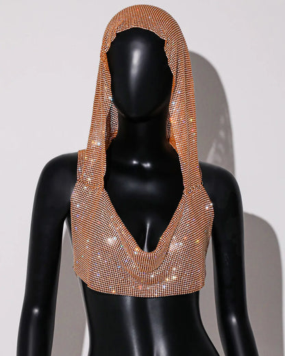 2025 Summer New Rhinestone Hooded Crop Top Sexy Deep V Neck Backless Sleeveless Glitter Tank Top Rave Nightclub Party Camisole