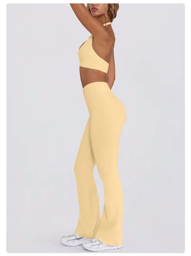 Women's Yoga Suits Camisole Backless Nude Beautiful Back Neck Hanging Bra Flared Pants Fitness Set