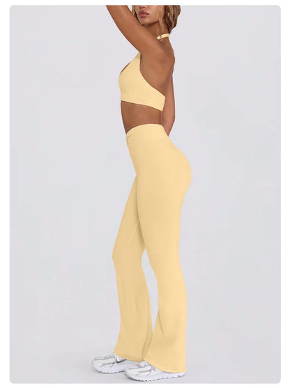 Women's Yoga Suits Camisole Backless Nude Beautiful Back Neck Hanging Bra Flared Pants Fitness Set