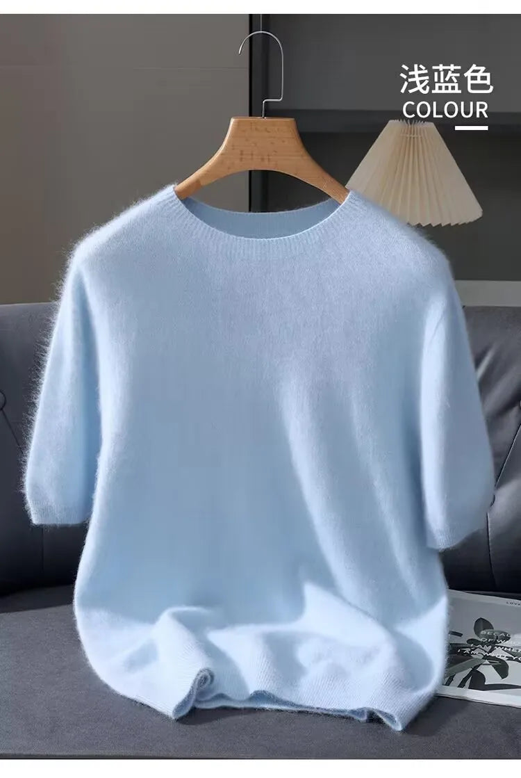 Men's Sweater Pullover Short Sleeved Summer Mink Knit Sweater Loose Round Neck Solid Color Half Sleeved Simple T-Shirt Casualtop