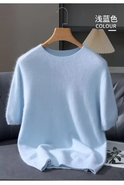 Men's Sweater Pullover Short Sleeved Summer Mink Knit Sweater Loose Round Neck Solid Color Half Sleeved Simple T-Shirt Casualtop