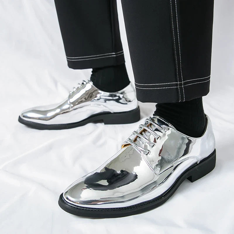 Luxury Silver Dress Shoes Man Patent Leather Shoes Large Size 50 Wedding Shoes Men Pointed toe Party Shoes Designer Formal Shoes