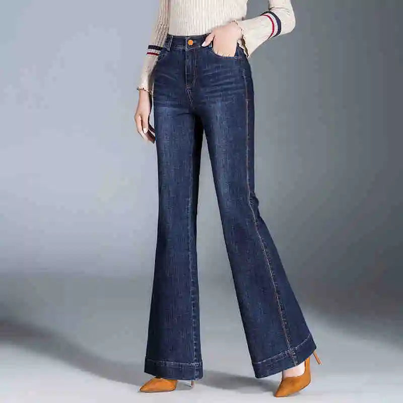 Vintage Ethnic Embroidery Flare Jeans Women Blue Wash Button Pocket Zipper Elastic High Waist Casual Versatile Straight Pants