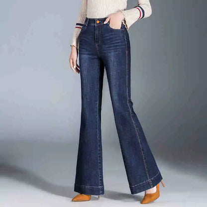 Vintage Ethnic Embroidery Flare Jeans Women Blue Wash Button Pocket Zipper Elastic High Waist Casual Versatile Straight Pants
