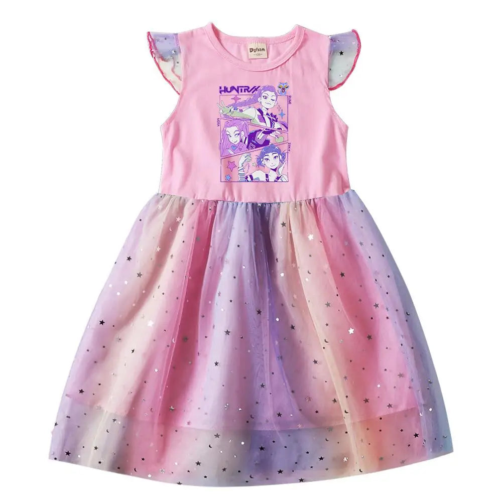 Baby Girls Dress Children Cartoon Mesh Star Sequins Princess Dress Kids Flying Sleeve Skirt For Birthday Gift