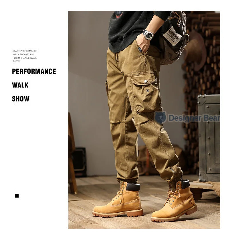 Brand Clothing 2026 Spring Summer Men's Baggy Cargo Pants Multi-Pocket Work Joggers Casual Cotton Tapered Trousers Long Pants