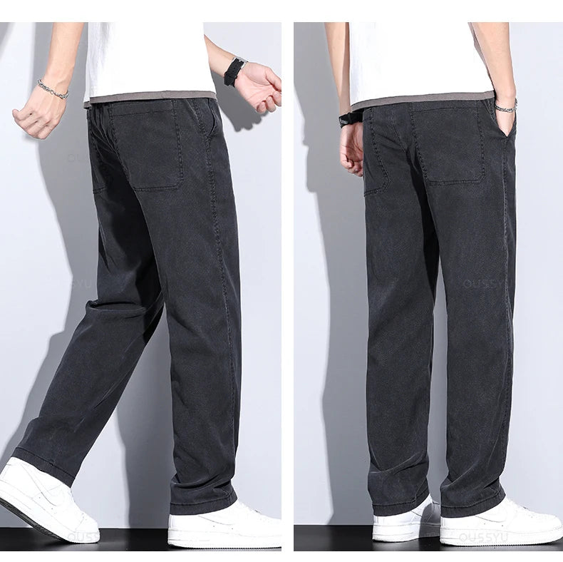 Summer New Upgrade Soft Lyocell Fabric Jeans Men Ultrathin Blue Elastic Waist Loose Straight Denim Trousers Male Plus Size 5XL