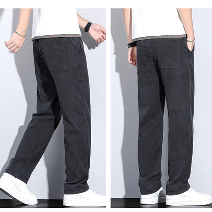 Summer New Upgrade Soft Lyocell Fabric Jeans Men Ultrathin Blue Elastic Waist Loose Straight Denim Trousers Male Plus Size 5XL