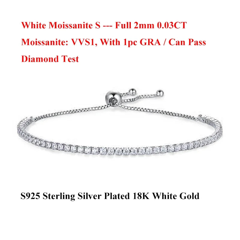Full 2mm 0.03CT Moissanite Diamond Tennis Bracelet for Woman 925 Silver Plated 18K Rose Gold Adjustable Link Bracelets Gift