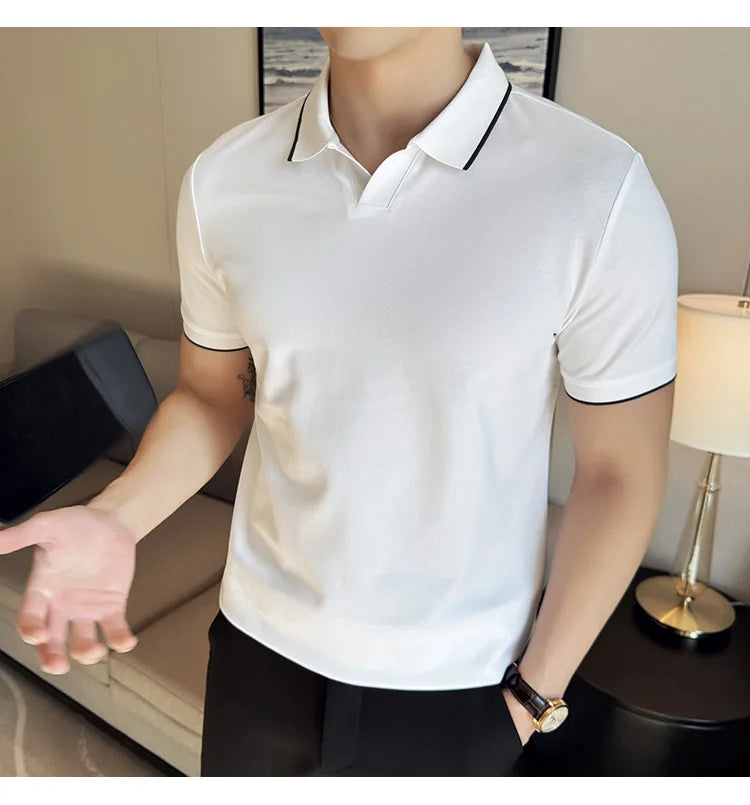 Business Casual Solid Color Men's Polo Shirt, 2024 Summer Classic, Men Short Sleeve V-neck T-shirt, Slim Fit Spliced Polo 4XL-M