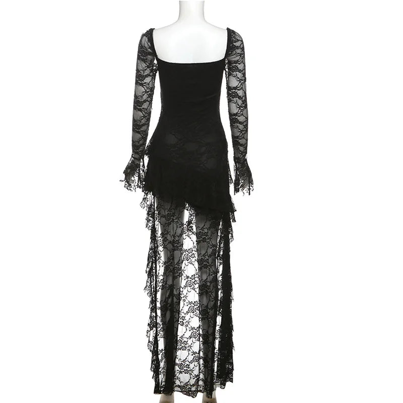 Lace Flare Sleeve Square Neck A-line Dress Sweet E-girl Irregular Long Hem Dresses Cyber Y2K Party Vestido