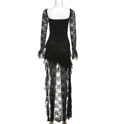 Lace Flare Sleeve Square Neck A-line Dress Sweet E-girl Irregular Long Hem Dresses Cyber Y2K Party Vestido