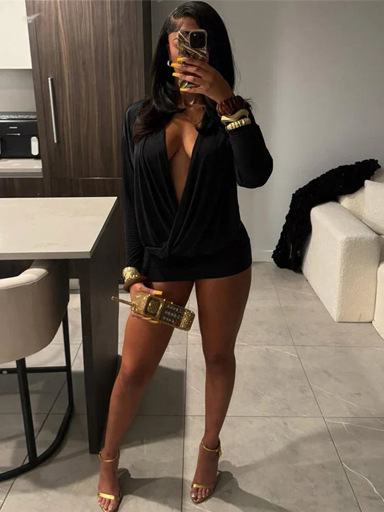 Cross Deep V-Neck Dress Women Full Sleeve Stretch Solid Midnight Street Clubwear Party Autumn Trend Elegant Mini Bodycon