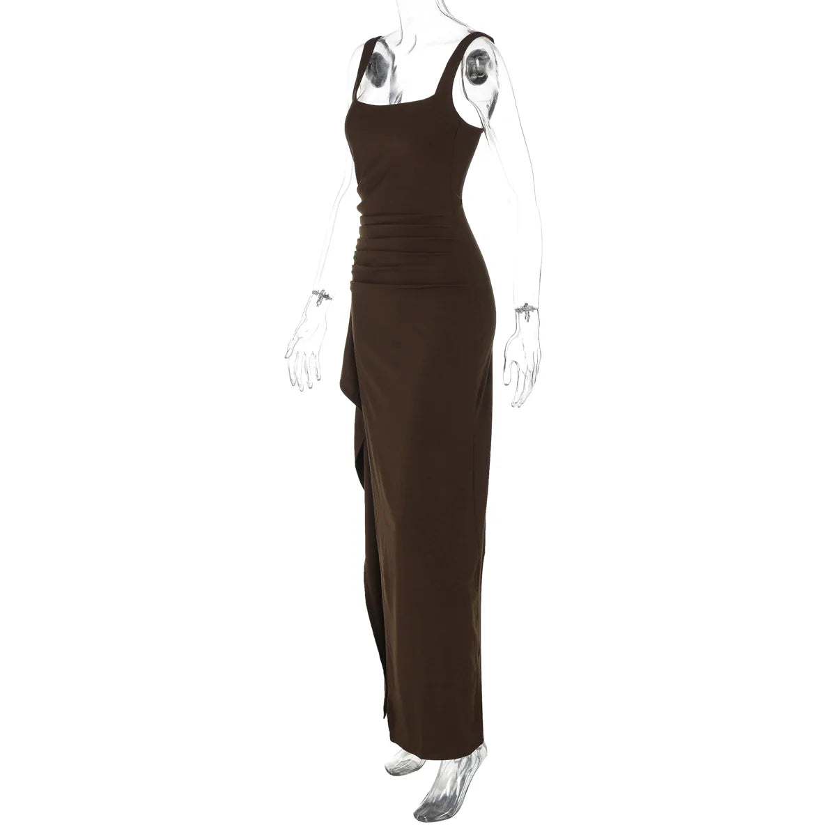 Women Elegant Solid Straps Slit Ruched Patchwork Sexy Bodycon Maxi Dress Summer Outfits Evening Party Birthday Festival