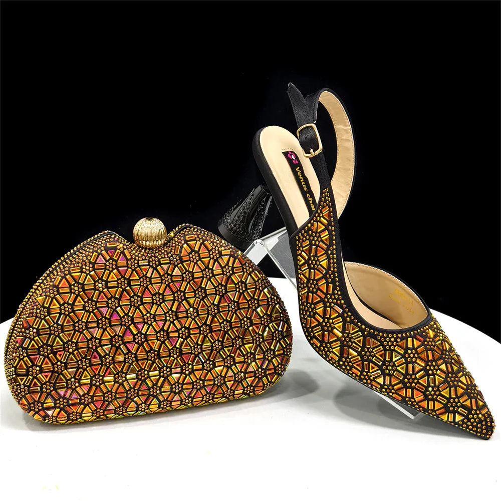Elegant Green Pointed-Toe High Heels & Matching Bag Set with Diamond Design for Women's Party Wear - Italian Trend