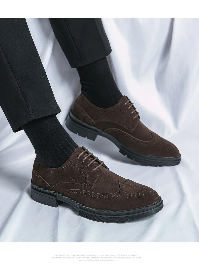 Leather Brock carved business dress shoes for men round head lace-up casual shoes