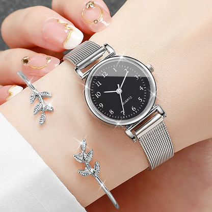 2PCS Fashion Women Quartz Watch Steel Mesh Band Watches Opening Cuff Bracelet Bangle Set（Without Box）