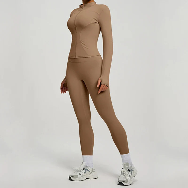 Yoga Coat Sports Top Long Sleeve Jacket Fitness Breathable Women's Tracksuit High Waist Leggings Two Piece Set Gym Clothes