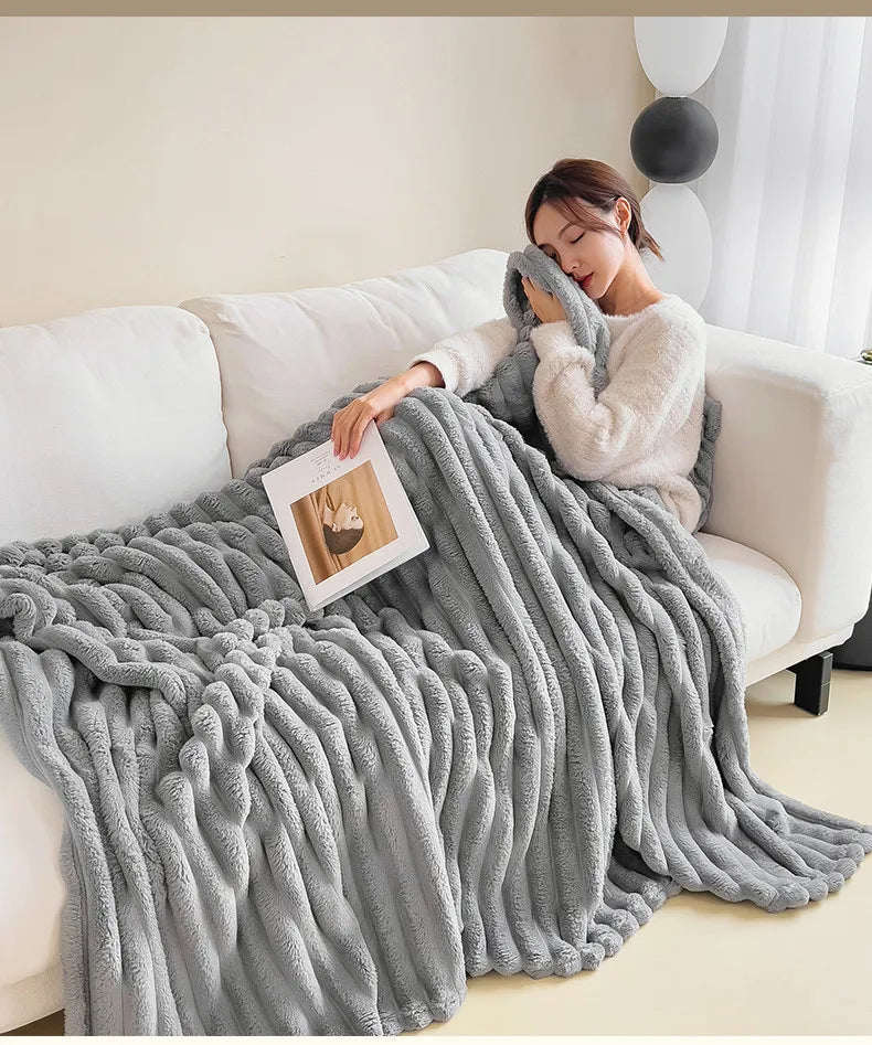 2025 New Rabbit Plush Blanket Draw Stripe Thickened Flannel Blanket Shawl Coral Fleece Sofa Blanket, without Pillowcase