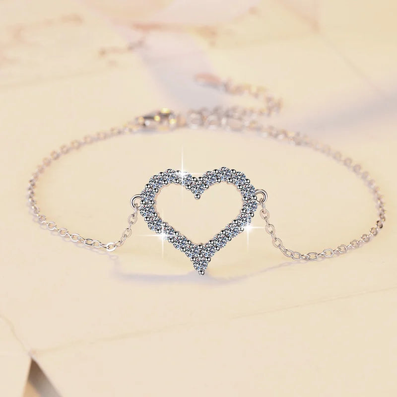 Heart Shape Full D Color Moissanite Link Bracelet Pendant for Women Girls S925 Silver Lab Diamond Chain Bracelets Earrings