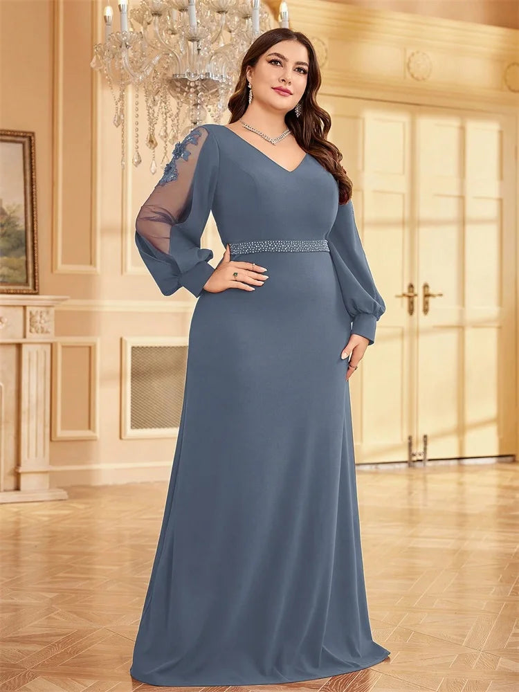 Plus Size Luxury V-Neck Red Long Sleeves Applique Formal Evening Dresses Women V-back Wedding Party Maxi Guest Gowns