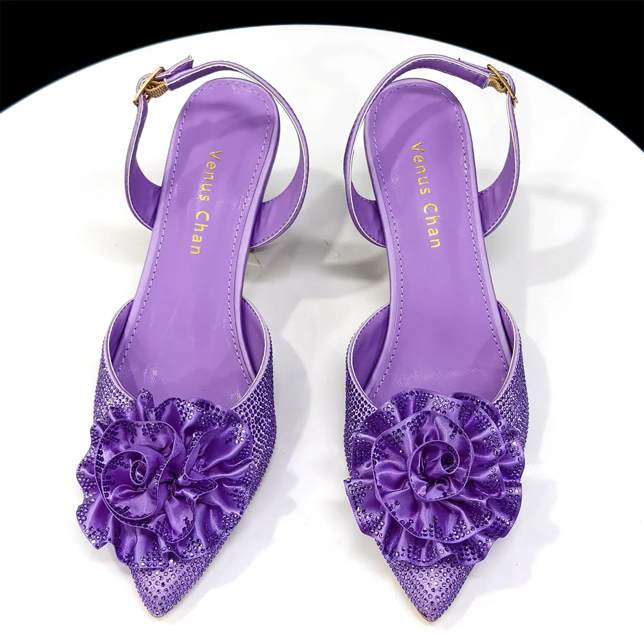 Elegant Shiny Dark blue Handbag and Medium Heel Shoes Set with Beautiful Handmade Flowers for Weddings and Parties