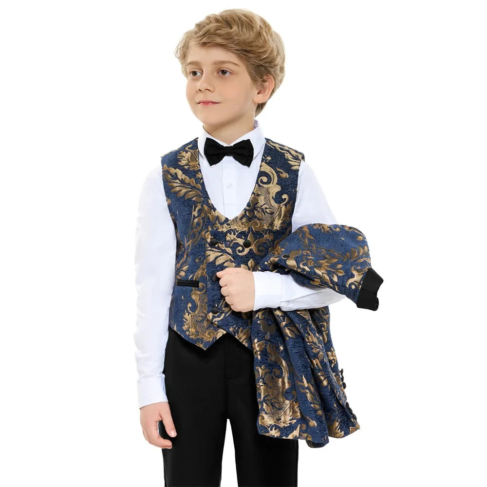 Ornate Jacquard Toddler Suit Set Jacket Pants Bowtie Kids Luxe Concert Tuxedo Ring Bearer Waist Adjustable 3-14 Yrs Suits Suitab