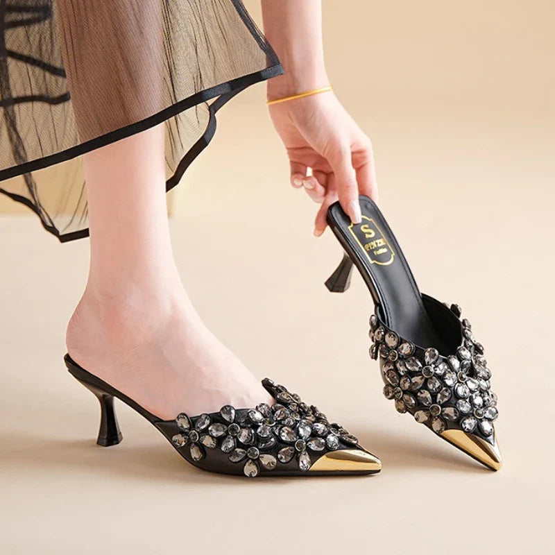 Luxury Rhinestones Pointed Toe Mules Pumps Women Slippers Summer New Fashion Slides Designer High Heeled Sandals Female Tacones