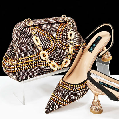 Italian Pumps and Bag To Party 2024 INS Style Pointed-Toe Rhinestone Elegant High Heels Champagne Wedge for Women