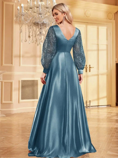 Luxury Blue V-Neck SequinS Evening Dress 2025 Elegant Women Party Maxi Dress Long Sleeve Cocktail Dress Prom Graduation Gowns