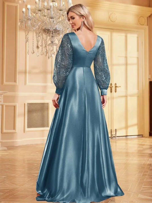 Luxury Blue V-Neck SequinS Evening Dress 2025 Elegant Women Party Maxi Dress Long Sleeve Cocktail Dress Prom Graduation Gowns