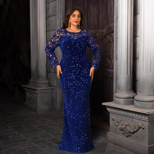 Elegant Curve Evening Dress for Women Lace Full Sleeved Sequined Velvet Hollow Out Modest Maxi Gown