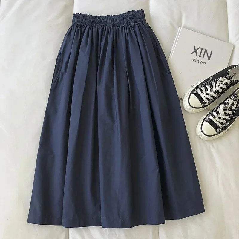 NEW Women's White Long Skirt High Waist A-Line Knee-Length Fashion Pockets Pleated Casual Elegant Skirts for Autumn