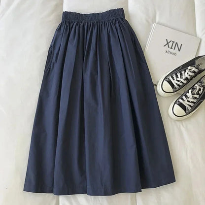 NEW Women's White Long Skirt High Waist A-Line Knee-Length Fashion Pockets Pleated Casual Elegant Skirts for Autumn