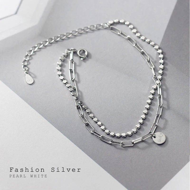 Fashion 925 Sterling Silver Geometry Bracelet Double Layer Chain Link for Women Girl Original Bracelets Luxury Jewelry