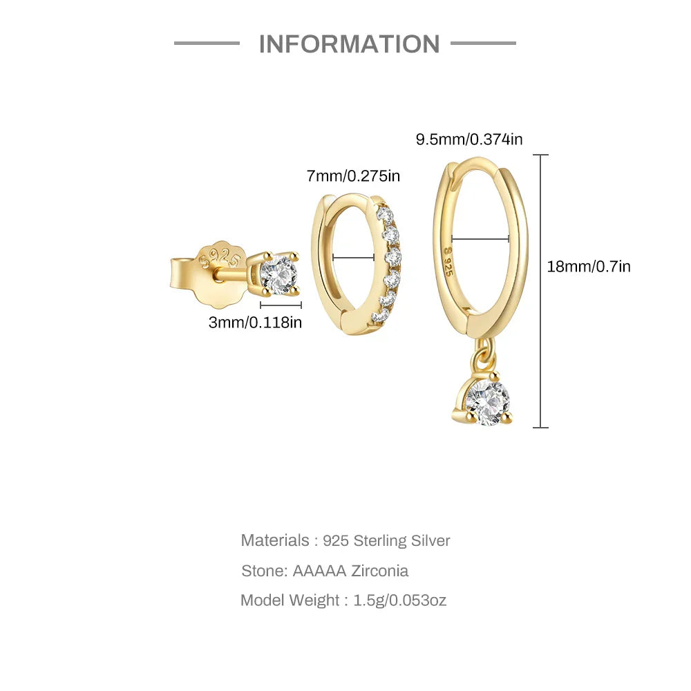 925 Sterling Silver 3PCS DIY Hoop Earring With Piercing Stud Earring Set Women Men Party Wedding Jewelry Set pendientes 925