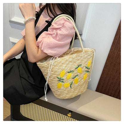 Embroidery Fruit Solid Color Shoulder Bag Straw Woven Hollow Versatile 2025 High Quality Bags for Women New Beach Handbags