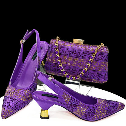 Elegant High Heels Shoes and Bag Set for Women Pointed Toe Black Color Hollow Rhinestones Matching Bag