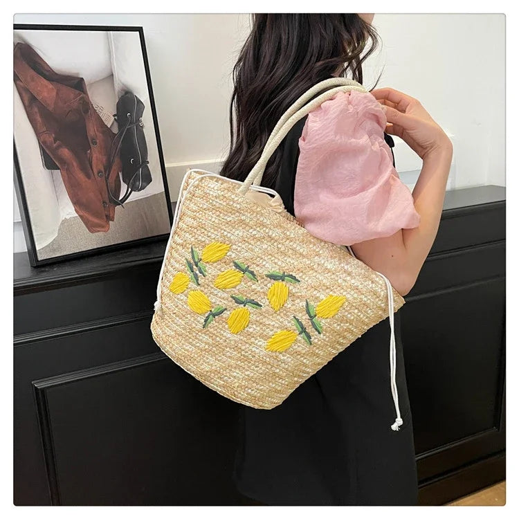 Embroidery Fruit Solid Color Shoulder Bag Straw Woven Hollow Versatile 2025 High Quality Bags for Women New Beach Handbags