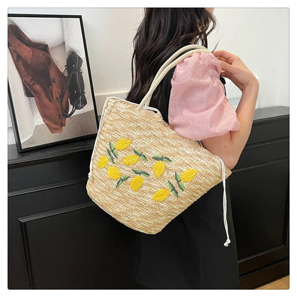 Embroidery Fruit Solid Color Shoulder Bag Straw Woven Hollow Versatile 2025 High Quality Bags for Women New Beach Handbags