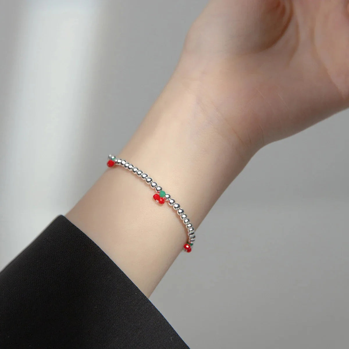 Real 925 Sterling Silver Basic Cherry Round Beads Adjustable Bracelet for Women Charm Bracelet Fine Jewelry Birthday Gift