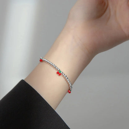 Real 925 Sterling Silver Basic Cherry Round Beads Adjustable Bracelet for Women Charm Bracelet Fine Jewelry Birthday Gift