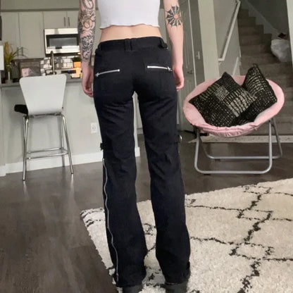 Women Low Waist Jeans Denim Straight Flare Pants Vintage Pockets Zipper Denims 2024 Autumn Streetwear Ankle Length Trousers
