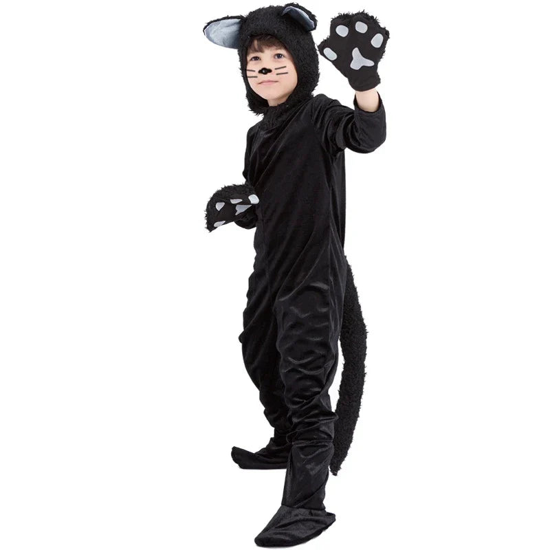 Black Cat Cosplay Children's Costume Cute Kitten Animal Onesie + Gloves + Hat Suit Suitable for Stage Show Halloween Party