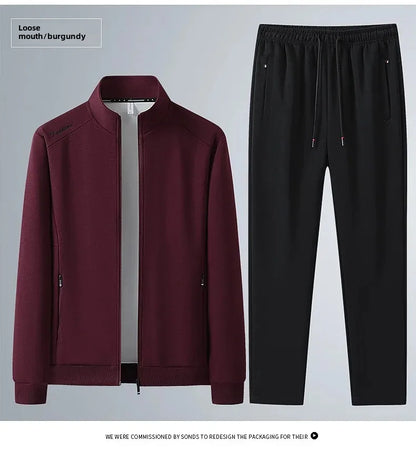 Spring Autumn New Men's Cotton Sports Suit Stand Collar Sweatshirt Middle-Aged And Elderly Casual Stylish Cardigan Loose-Fit 2-P