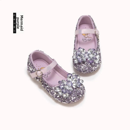 Girls Crystal Slip-On Shoes Soft Bottom Rhinestone Princess Flats Spring Autumn New Style Kids Lightweight Sweet Leather Shoes