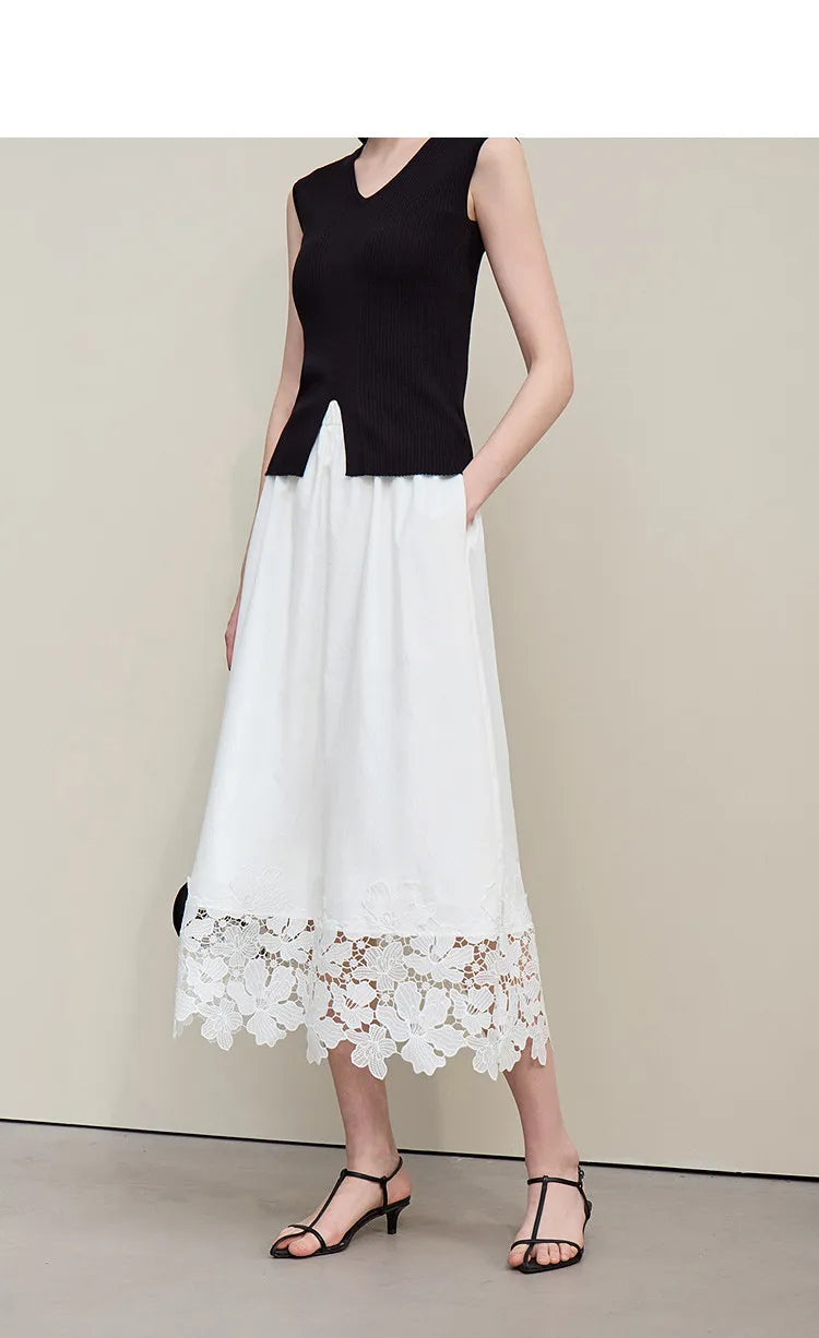 Women's Skirt 2026 Summer New Elastic Waist Cutout Lace Hem Midi Casual Loose Fit Floral Trim Skirt For Women 12622106