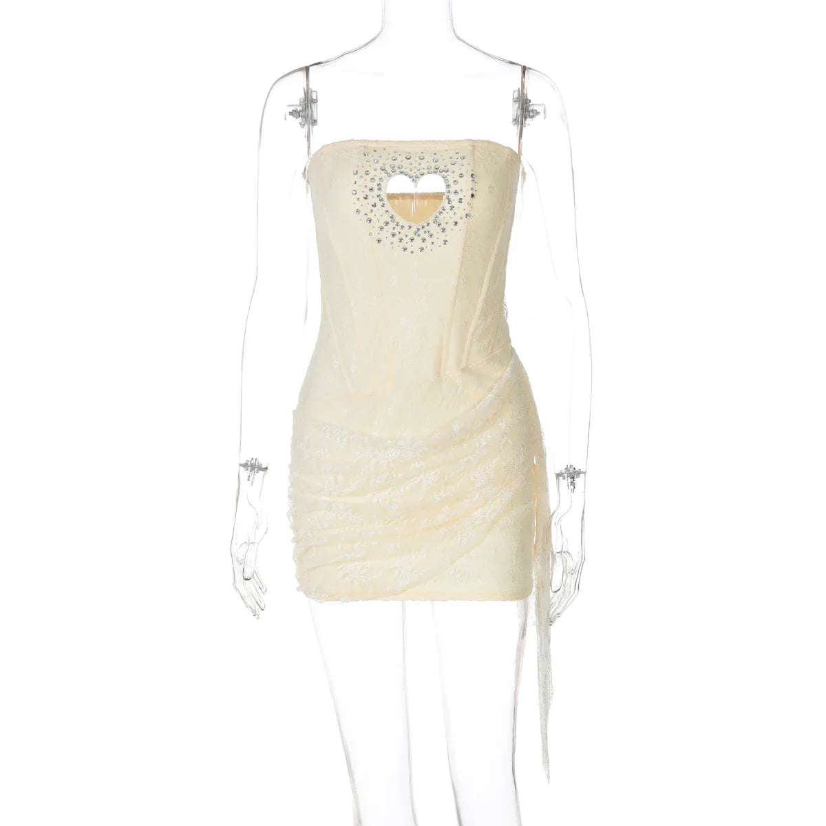 Fashion Sequined Strapless Heart Shape Hole Sexy Zipper Patchwork Mesh Mini Dress Summer Outfits Birthday Festival