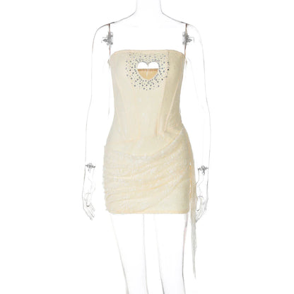 Fashion Sequined Strapless Heart Shape Hole Sexy Zipper Patchwork Mesh Mini Dress Summer Outfits Birthday Festival