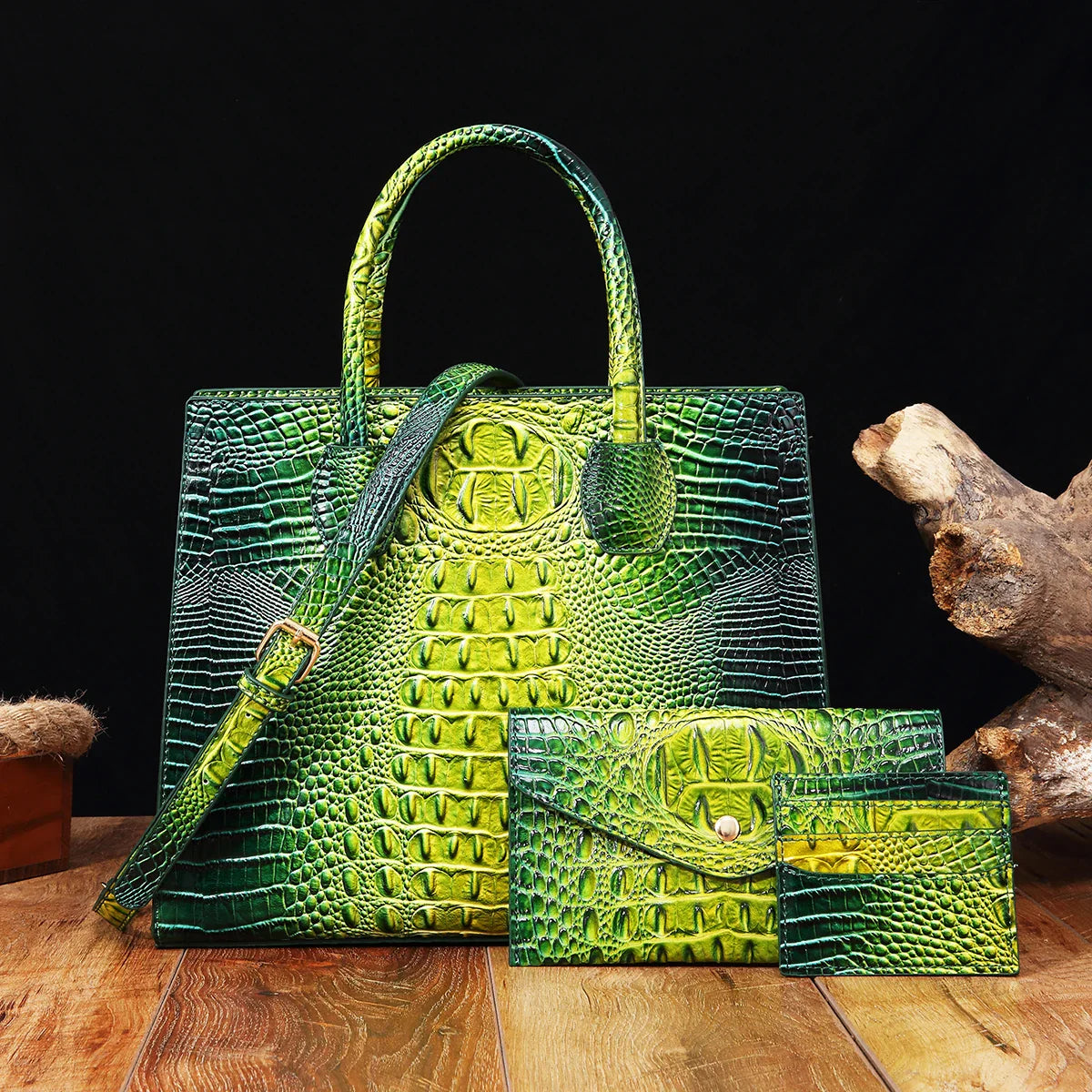 3 Pcs Crocodile Pattern Handbag & Purses Set, Multi-functional Vintage Top Handle Crossbody Bag & Business Clutch Bag & Card Coi